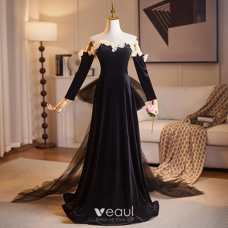 Audrey Hepburn Style Black Appliques Prom Dresses 2025 A-Line / Princess Strapless 1/2 Sleeves Backless Bow Floor-Length / Long Prom Formal Dresses