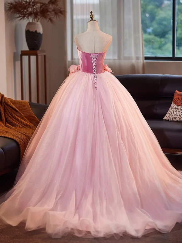 Flower Fairy Blushing Pink Appliques Ball Gown Prom Dresses 2025 Strapless Sleeveless Backless Floor-Length / Long Prom Formal Dresses