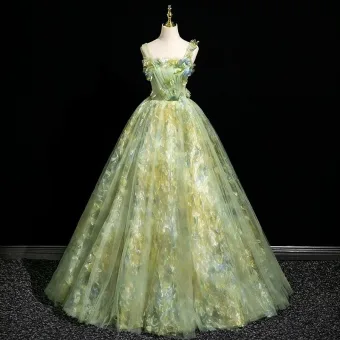 Fée Des Fleurs Vert Cendré Appliques Robe De Bal 2025 Robe Boule Bretelles Spaghetti Sans Manches Dos Nu Longue Robe De Ceremonie