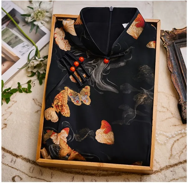 Chinese style Black Butterfly Printing Summer Tea-length Cheongsam 2024 Trumpet / Mermaid High Neck Sleeveless
