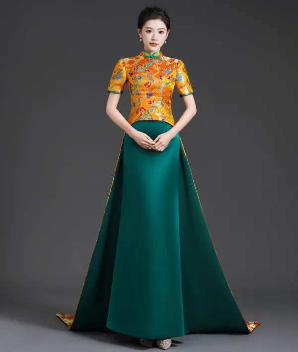 Chinese style Gold Embroidered Cheongsam / Qipao Evening Dresses 2025 Trumpet / Mermaid High Neck Short Sleeve Sweep Train Evening Party Cheongsam