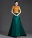 Chinese style Gold Embroidered Cheongsam / Qipao Evening Dresses 2025 Trumpet / Mermaid High Neck Short Sleeve Sweep Train Evening Party Cheongsam
