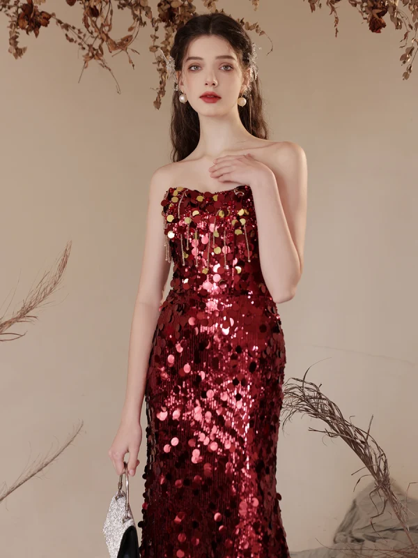 Charming Burgundy Sequins Evening Dresses 2024 Trumpet / Mermaid Strapless Short Sleeve Backless Floor-Length / Long Evening Party Formal Dresses
