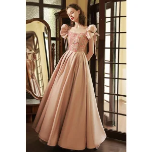 Élégant Rougissant Rose Perlage Paillettes Robe De Bal 2023 Princesse Encolure Carrée Noeud Manches Courtes Dos Nu Longue Promo Robe De Ceremonie