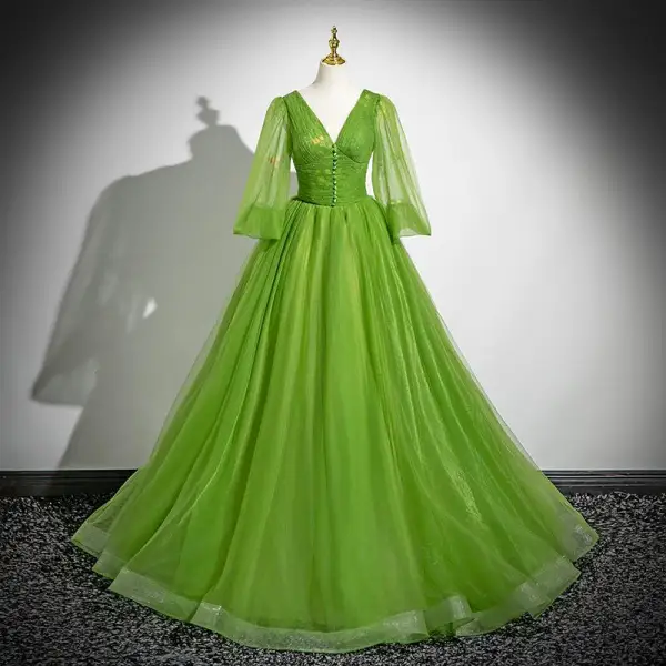 Classic Green Ball Gown Prom Dresses 2024 V-Neck 3/4 Sleeve Backless Floor-Length / Long Prom Formal Dresses