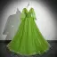 Classic Green Ball Gown Prom Dresses 2024 V-Neck 3/4 Sleeve Backless Floor-Length / Long Prom Formal Dresses