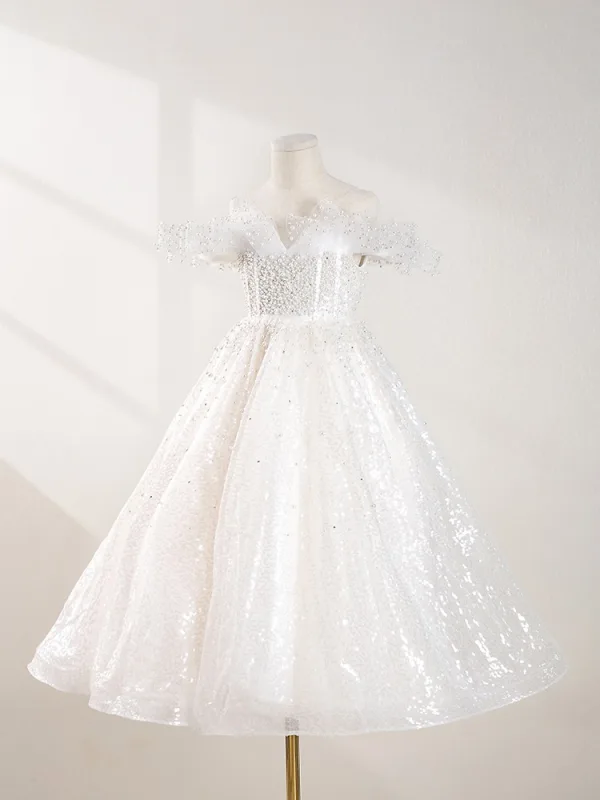 Bling Bling White Beading Pearl Sequins Wedding Flower Girl Dresses 2024 A-Line / Princess Scoop Neck Sleeveless Backless Floor-Length / Long Tulle