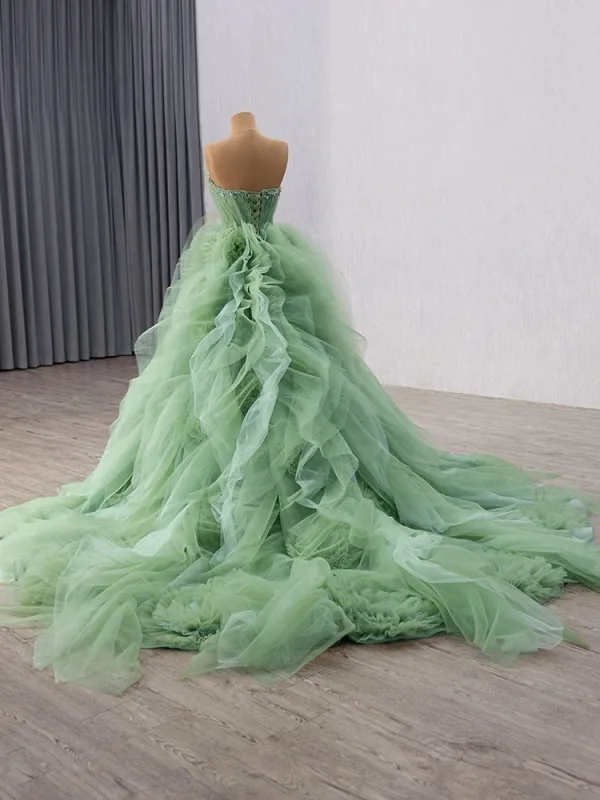 High-end Sage Green Cascading Ruffles Beading Sequins Prom Dresses 2025 Ball Gown Strapless Sleeveless Backless Chapel Train Prom Formal Dresses