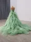 High-end Sage Green Cascading Ruffles Beading Sequins Prom Dresses 2025 Ball Gown Strapless Sleeveless Backless Chapel Train Prom Formal Dresses