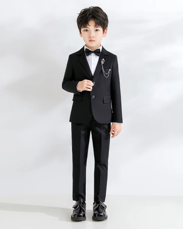 Modern / Fashion Black Long Sleeve Boys Wedding Suits 2023 Coat Pants Shirt Tie Vest Wedding