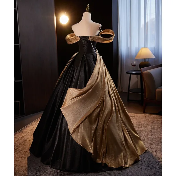 Elegant Black Gold Beading Glitter Prom Dresses 2024 Ball Gown Off-The-Shoulder Sleeveless Backless Floor-Length / Long Prom Formal Dresses