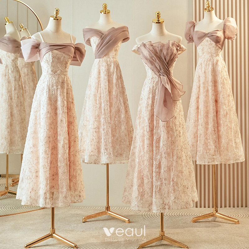 A-Line/Princess Cold Shoulder Short Sleeves Ruched Floral Bridesmaid Dresses main image 0