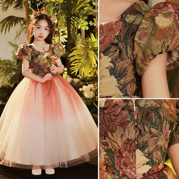 Elegant Red Birthday Embroidered Flower Girl Dresses 2022 Ball Gown Scoop Neck Puffy Short Sleeve Floor-Length / Long Flower Girl Dresses