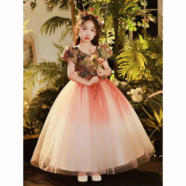 Elegant Red Birthday Embroidered Flower Girl Dresses 2022 Ball Gown Scoop Neck Puffy Short Sleeve Floor-Length / Long Flower Girl Dresses