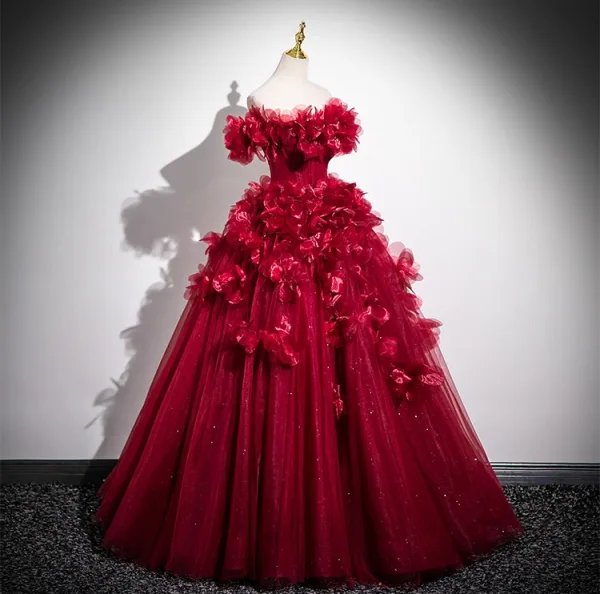 Schöne Burgunderrot Applikationen Ballkleider 2025 Ballkleid Off Shoulder Kurze Ärmel Rückenfreies Lange Ball Festliche Kleider