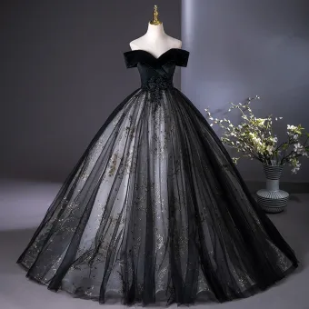 Vintage Schwarz Perlenstickerei Pailletten Spitze Blumen Ballkleider 2025 Ballkleid Off Shoulder Kurze Ärmel Rückenfreies Lange Ball Festliche Kleider