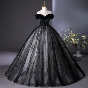 Elegant Svart Beading Paljetter Blonder Blomst Ballkjoler 2025 Ballkjole Av Skulderen Korte Ermer Ryggløse Lange Ball Formelle Kjoler