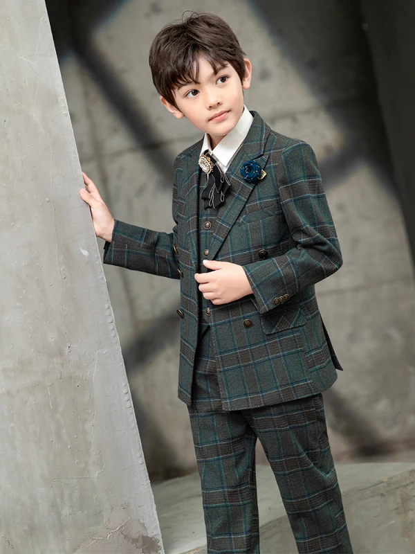 Ink Blue Plaid Long Sleeve Boys Wedding Suits 6-piece 2022 Body Jewellery Coat Pants Shirt Tie Vest