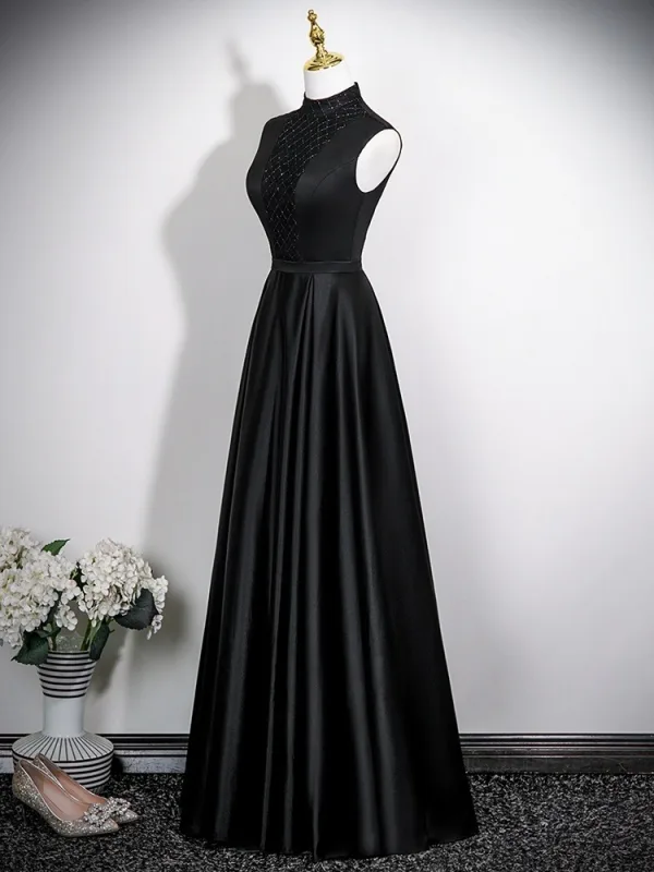 Vintage / Retro Black Satin Prom Dresses 2025 A-Line / Princess High Neck Sleeveless Backless Floor-Length / Long Formal Dresses