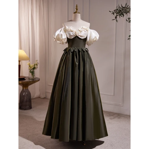 Vintage Dunkelgrün Satin Ballkleider A Linie 2023 Blumen Off Shoulder Geschwollenes Kurze Ärmel Rückenfreies Lange Ball Festliche Kleider