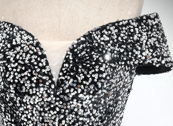 Scintillantes Noire Paillettes Robe De Bal 2024 Robe Boule De l'épaule Manches Courtes Dos Nu Longue Promo Robe De Ceremonie