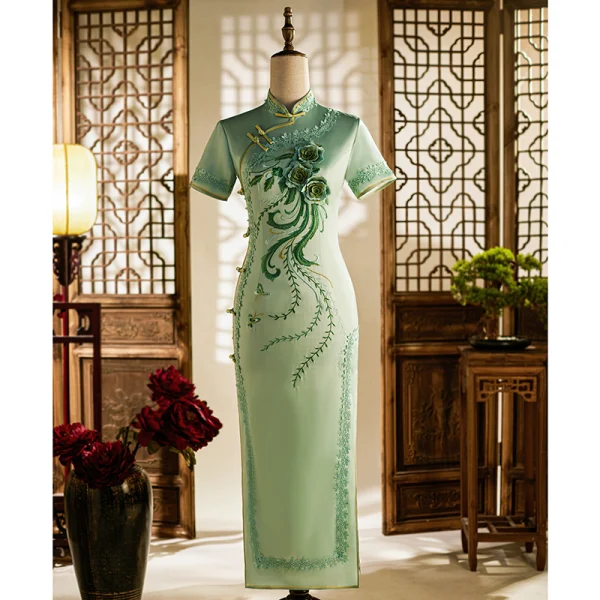 Chinese style Blushing Pink Lace Flower Tea-length Cheongsam 2024 Trumpet / Mermaid High Neck Short Sleeve Prom
