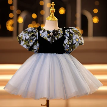 Chic Belle Bleu Ciel Impression Courte Robe Ceremonie Fille 2022 Robe Boule Encolure Dégagée Gonflée Manches Courtes Faux Diamant Perle Promo Robe Ceremonie Fille
