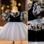Chic / Belle Bleu Ciel Impression Courte Robe Ceremonie Fille 2022 Robe Boule Encolure Dégagée Gonflée Manches Courtes Faux Diamant Perle Promo Robe Ceremonie Fille