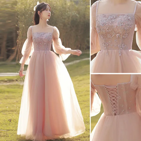 Chic / Beautiful Blushing Pink Beading Bridesmaid Dresses 2022 A-Line / Princess Short Sleeve Backless Floor-Length / Long Bridesmaid Dresses