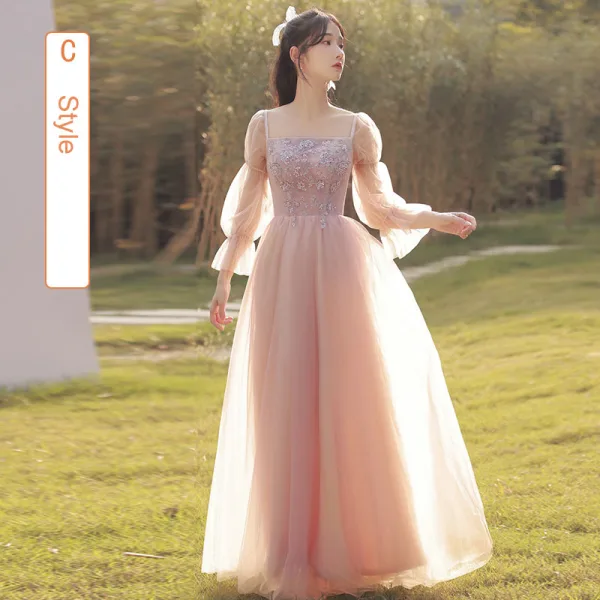 Chic / Beautiful Blushing Pink Beading Bridesmaid Dresses 2022 A-Line / Princess Short Sleeve Backless Floor-Length / Long Bridesmaid Dresses