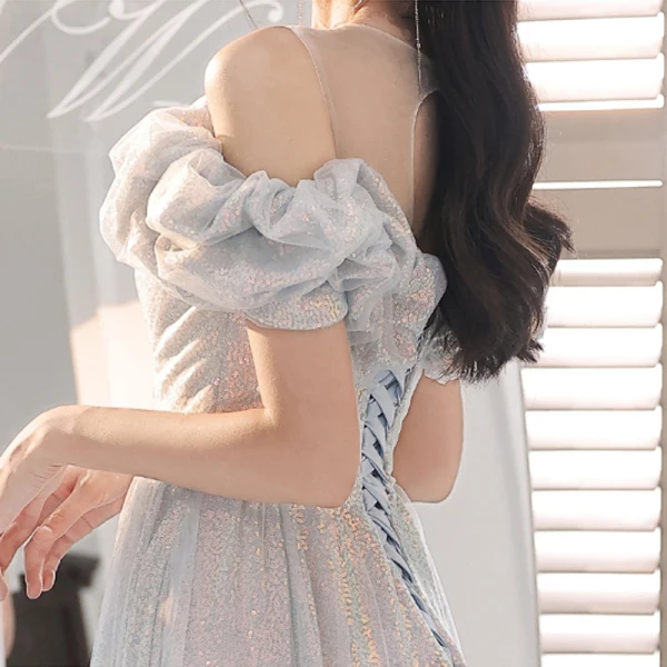Sparkly Grey Glitter Sequins Prom Dresses 2023 A-Line / Princess Scoop Neck Ruffle Short Sleeve Backless Floor-Length / Long Prom Formal Dresses