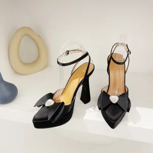 Snygga Fina Svarta Rhinestone Rosett Afton Sandaler Dam 2023 Ankelband 13 Cm Stilettklackar Spetsiga Sandaler Högklackade