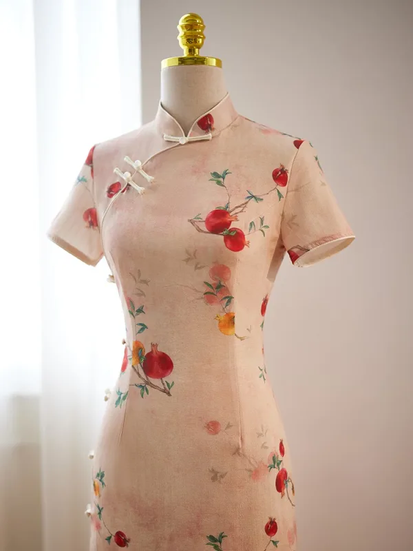 Chinese style Khaki Printing Summer Tea-length Cheongsam 2024 Trumpet / Mermaid High Neck Short Sleeve