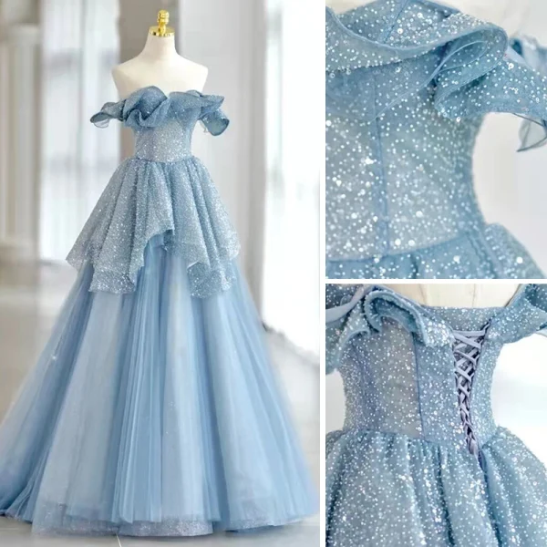 Schöne Himmelblau Pailletten Ballkleider 2022 Off Shoulder A Linie Ärmellos Rückenfreies Lange Ball Festliche Kleider