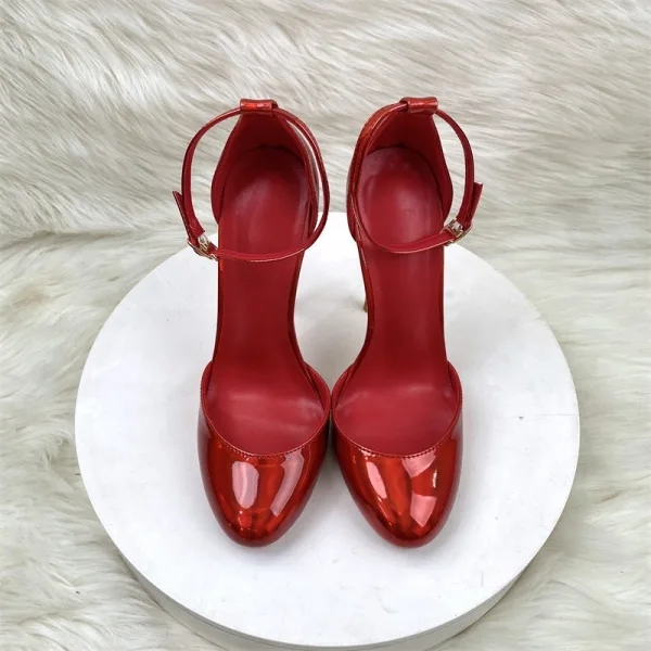 Sexy Burgundy Evening Party Patent Leather Womens Shoes 2024 Ankle Strap 12 cm Stiletto Heels Round Toe High Heels