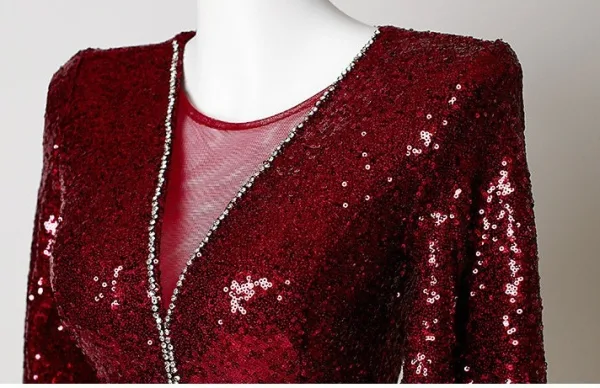 Sparkly Burgundy Rhinestone Sequins Evening Dresses 2026 Trumpet / Mermaid Scoop Neck Short Sleeve Floor-Length / Long Formal Dresses