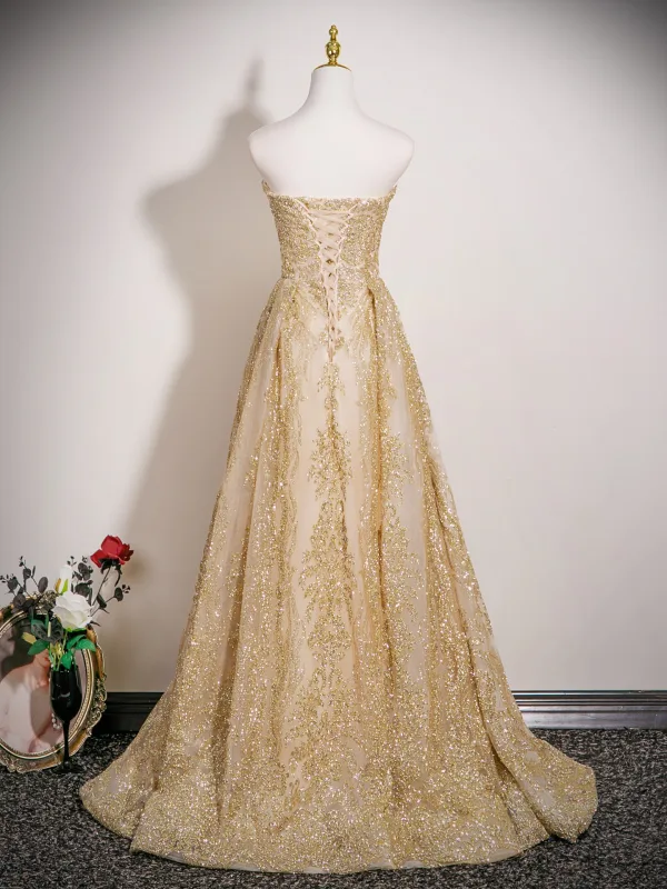 Scintillantes Sexy Doré Glitter Paillettes Faux Diamant Robe De Bal 2025 Princesse Bustier Sans Manches Dos Nu Train De Balayage Robe De Ceremonie