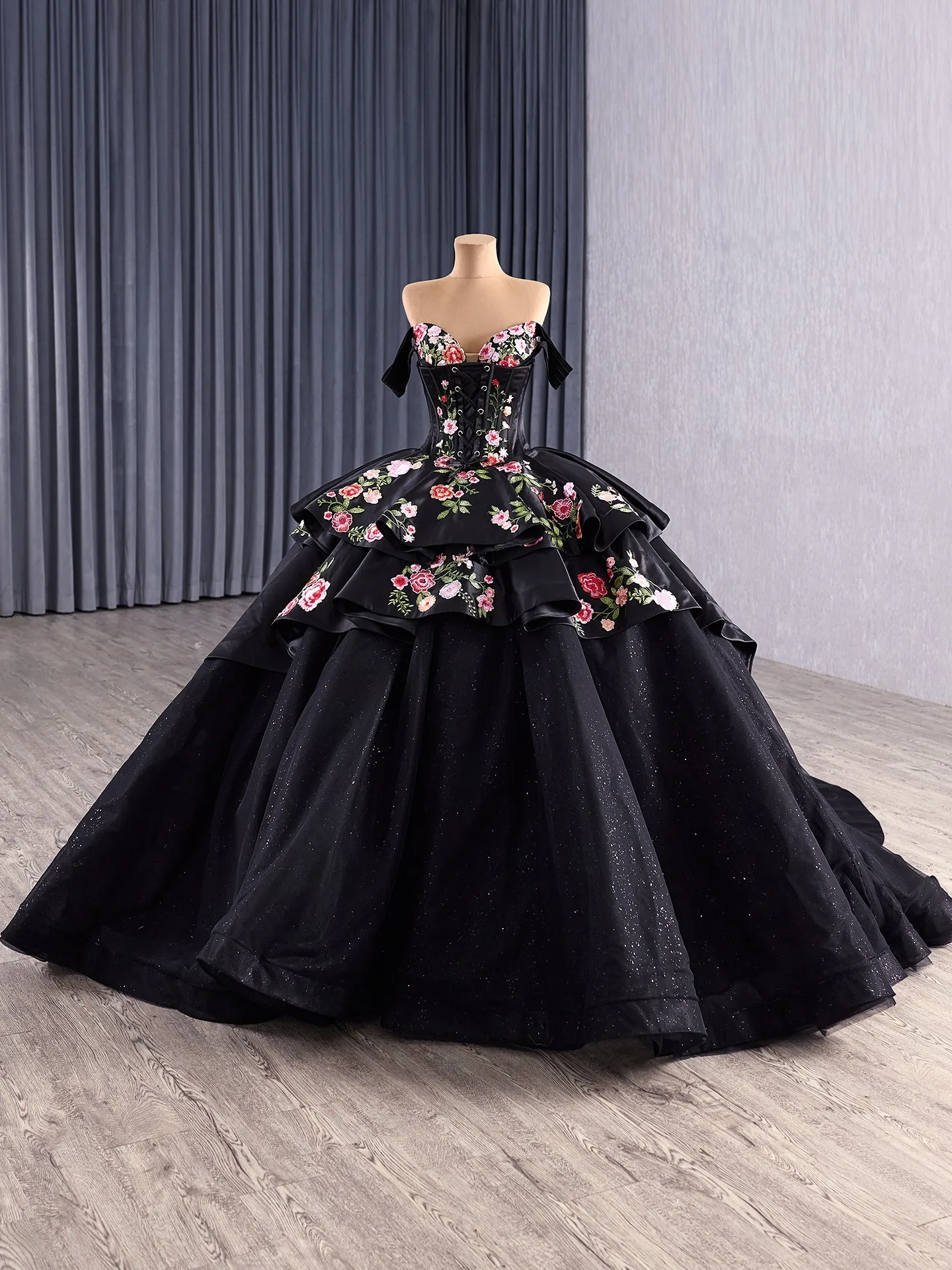 woman with black dress ALLISON / Sparkling Black Wedding Dress with Removable Train main image 1