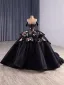 High-end Black Lace Flower Cascading Ruffles Corset Prom Dresses 2025 Ball Gown Off-The-Shoulder Short Sleeve Backless Chapel Train Formal Dresses