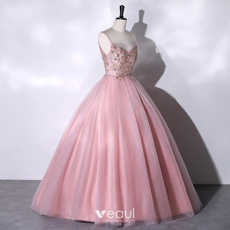 Ball Gown Long Sleeves Lace Appliqued Tulle Light Pink Sweet 16 Prom D –  Simibridaldresses