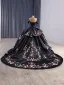 High-end Black Lace Flower Cascading Ruffles Corset Prom Dresses 2025 Ball Gown Off-The-Shoulder Short Sleeve Backless Chapel Train Formal Dresses