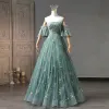 Flower Fairy Sage Green Appliques Prom Dresses 2023 Ball Gown Strapless Short Sleeve Backless Floor-Length / Long Prom Formal Dresses