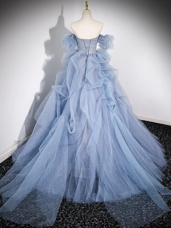 Fashion Sky Blue Cascading Ruffles Prom Dresses 2023 Ball Gown Strapless Short Sleeve Backless Sweep Train Prom Formal Dresses