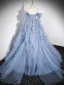 Fashion Sky Blue Cascading Ruffles Prom Dresses 2023 Ball Gown Strapless Short Sleeve Backless Sweep Train Prom Formal Dresses