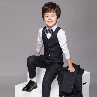 Black 4 Piece Stripe Long Sleeve Boys Wedding Suits 2022 Pants Shirt Tie Vest Wedding