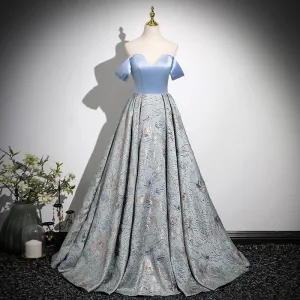 Élégant Bleu Ciel Impression Robe De Bal 2025 Princesse De L Épaule Sans Manches Dos Nu Longue Promo Robe De Ceremonie