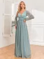 Bling Bling Pool Blue Sequins Evening Dresses 2024 A-Line / Princess V-Neck Long Sleeve Backless Floor-Length / Long Evening Party Formal Dresses