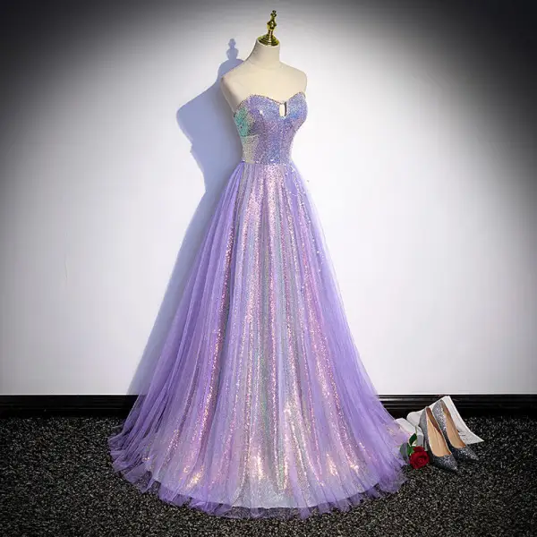 Sparkly Lavender Beading Pearl Sequins Evening Dresses 2022 A-Line / Princess Strapless Sleeveless Backless Floor-Length / Long Evening Party Formal Dresses