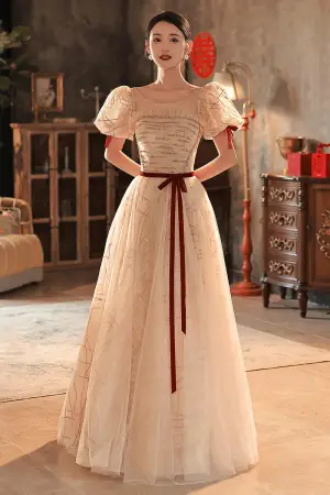 Chic Beautiful Champagne Beading Sequins Evening Dresses 2022 A Line Princess Scoop Neck Bow Sash Short Sleeve Backless Floor Length Long Evening Party Formal Dresses