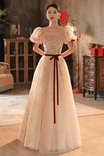 Chic Belle Champagne Perlage Paillettes Robe De Soirée 2022 Princesse Encolure Dégagée Noeud Ceinture Manches Courtes Dos Nu Longue Soirée Robe De Ceremonie